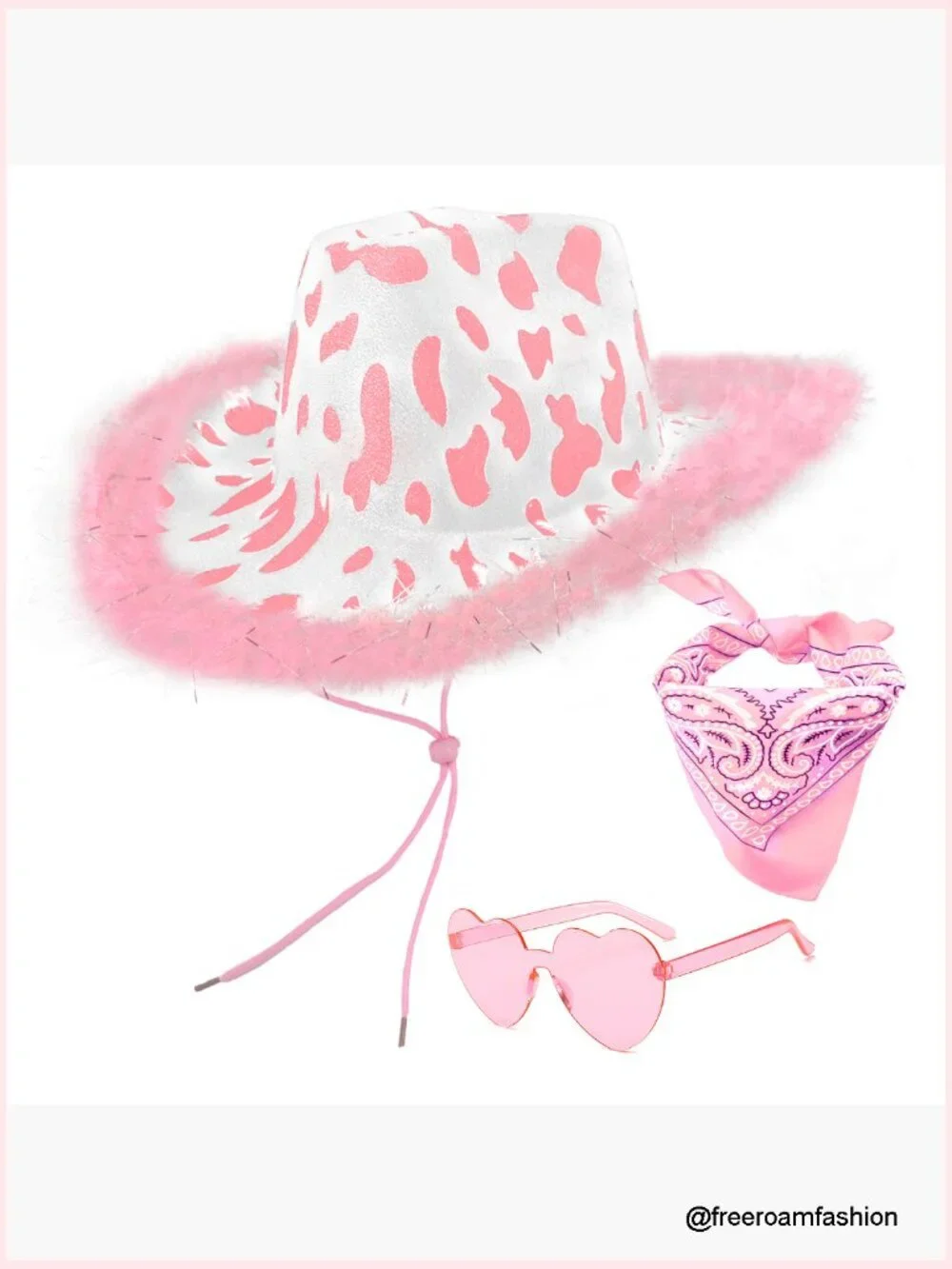 Cow Print Cowboy Hat with Feathers, Sunglasses and Bandana Set